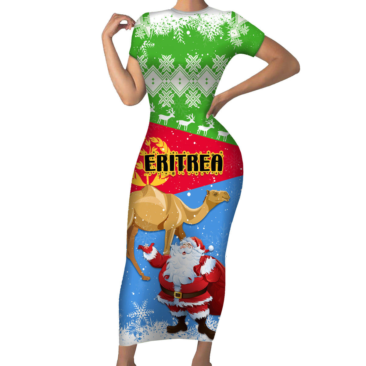 Custom Eritrea Christmas Short Sleeve Bodycon Dress Santa Claus With Dromedary Camel - Wonder Print Shop