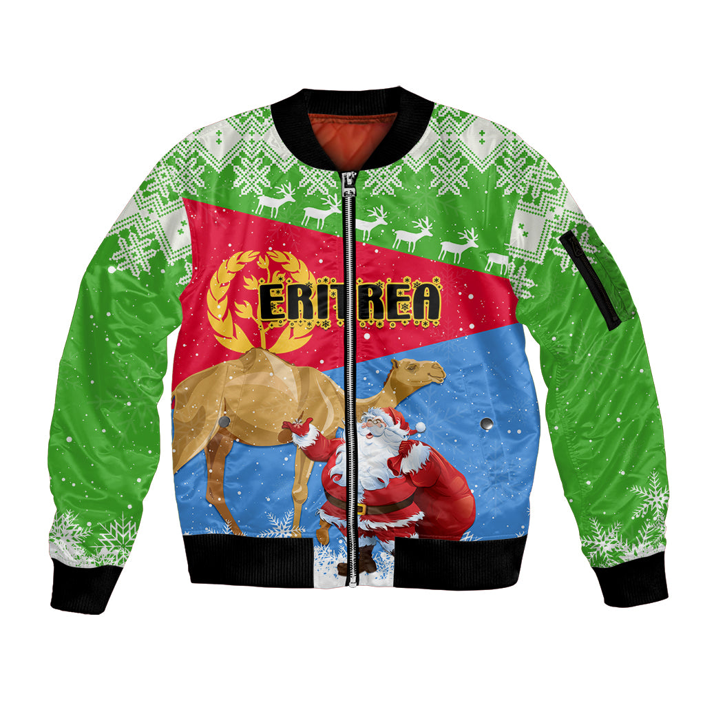 Custom Eritrea Christmas Sleeve Zip Bomber Jacket Santa Claus With Dromedary Camel - Wonder Print Shop