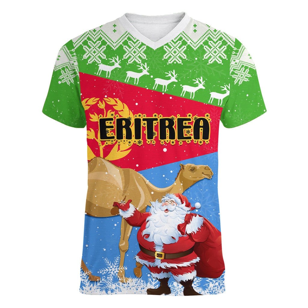 Custom Eritrea Christmas Women V Neck T Shirt Santa Claus With Dromedary Camel - Wonder Print Shop
