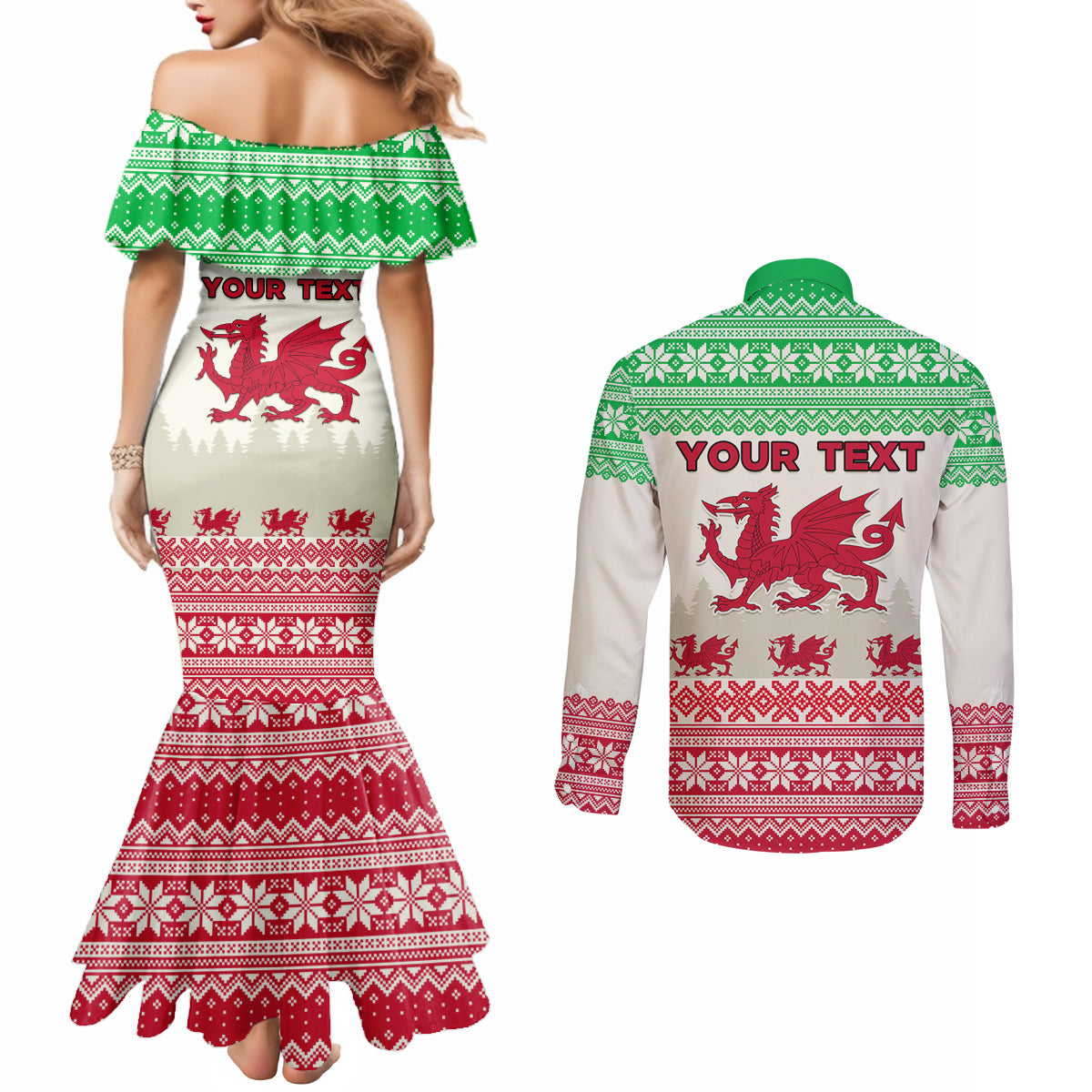 custom-wales-christmas-couples-matching-mermaid-dress-and-long-sleeve-button-shirt-nadolig-llawen-welsh-dragon