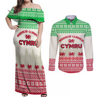 Custom Wales Christmas Couples Matching Off Shoulder Maxi Dress and Long Sleeve Button Shirt Nadolig Llawen Welsh Dragon - Wonder Print Shop
