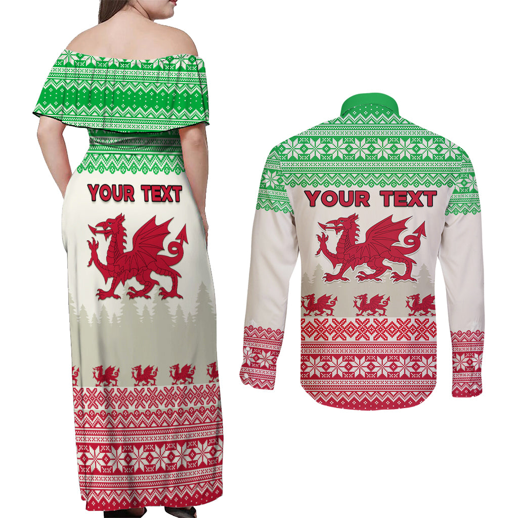 Custom Wales Christmas Couples Matching Off Shoulder Maxi Dress and Long Sleeve Button Shirt Nadolig Llawen Welsh Dragon - Wonder Print Shop