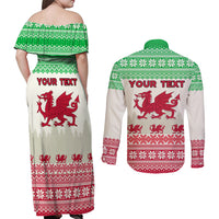 Custom Wales Christmas Couples Matching Off Shoulder Maxi Dress and Long Sleeve Button Shirt Nadolig Llawen Welsh Dragon - Wonder Print Shop