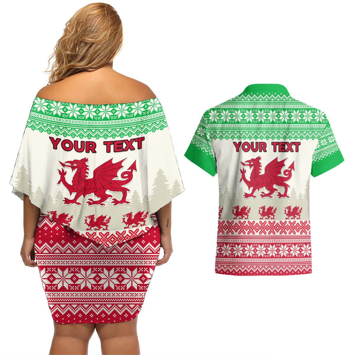 Custom Wales Christmas Couples Matching Off Shoulder Short Dress and Hawaiian Shirt Nadolig Llawen Welsh Dragon - Wonder Print Shop