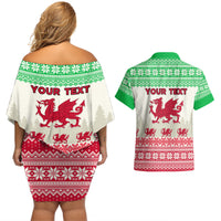 Custom Wales Christmas Couples Matching Off Shoulder Short Dress and Hawaiian Shirt Nadolig Llawen Welsh Dragon - Wonder Print Shop