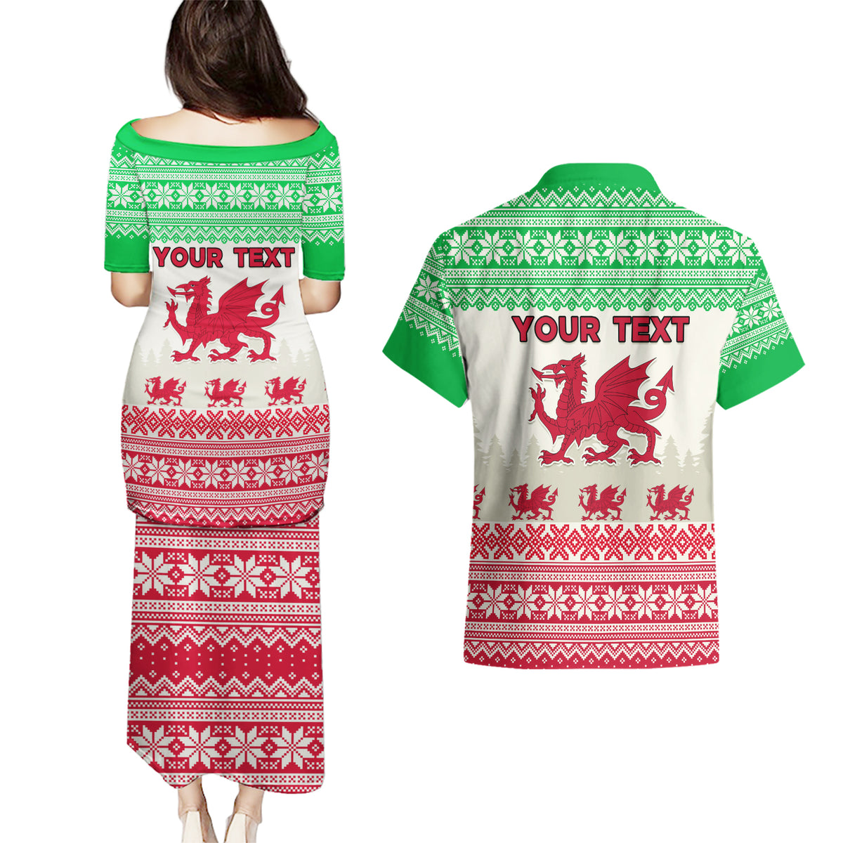 Custom Wales Christmas Couples Matching Puletasi Dress and Hawaiian Shirt Nadolig Llawen Welsh Dragon - Wonder Print Shop