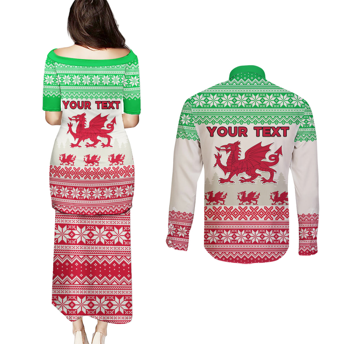 Custom Wales Christmas Couples Matching Puletasi Dress and Long Sleeve Button Shirt Nadolig Llawen Welsh Dragon - Wonder Print Shop