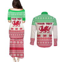 Custom Wales Christmas Couples Matching Puletasi Dress and Long Sleeve Button Shirt Nadolig Llawen Welsh Dragon - Wonder Print Shop