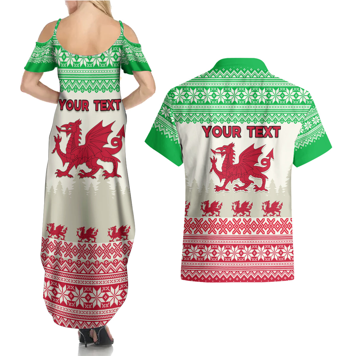 Custom Wales Christmas Couples Matching Summer Maxi Dress and Hawaiian Shirt Nadolig Llawen Welsh Dragon - Wonder Print Shop