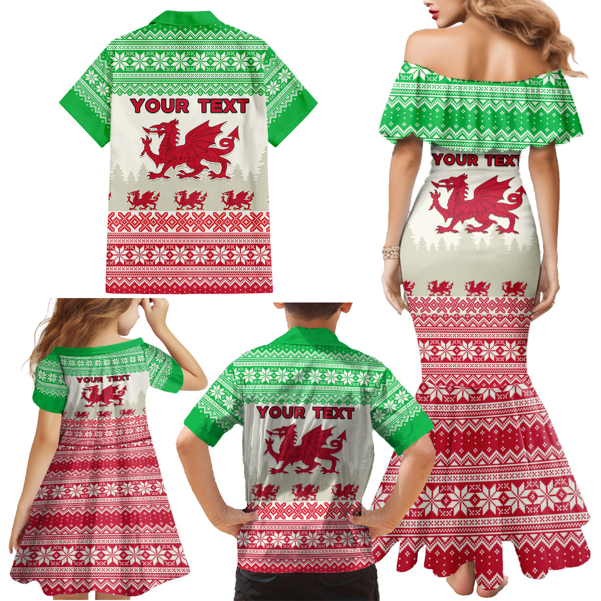 Custom Wales Christmas Family Matching Mermaid Dress and Hawaiian Shirt Nadolig Llawen Welsh Dragon - Wonder Print Shop