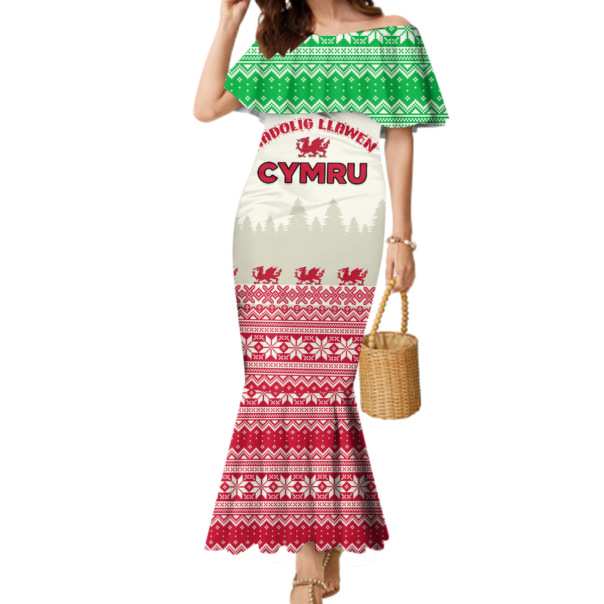 Custom Wales Christmas Family Matching Mermaid Dress and Hawaiian Shirt Nadolig Llawen Welsh Dragon - Wonder Print Shop