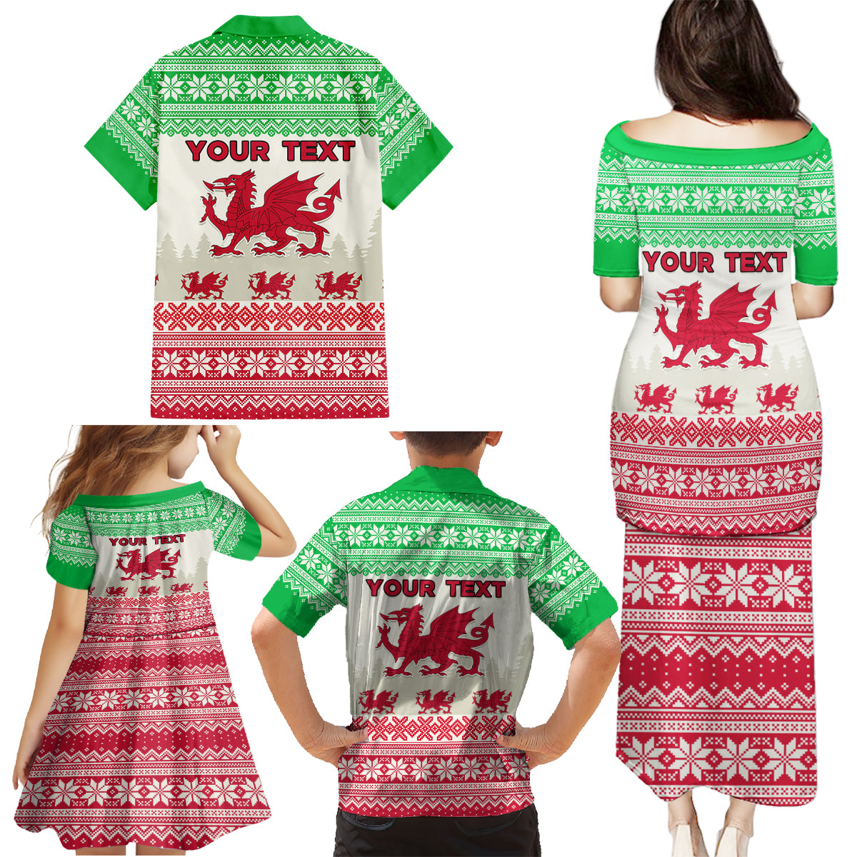 Custom Wales Christmas Family Matching Puletasi Dress and Hawaiian Shirt Nadolig Llawen Welsh Dragon - Wonder Print Shop