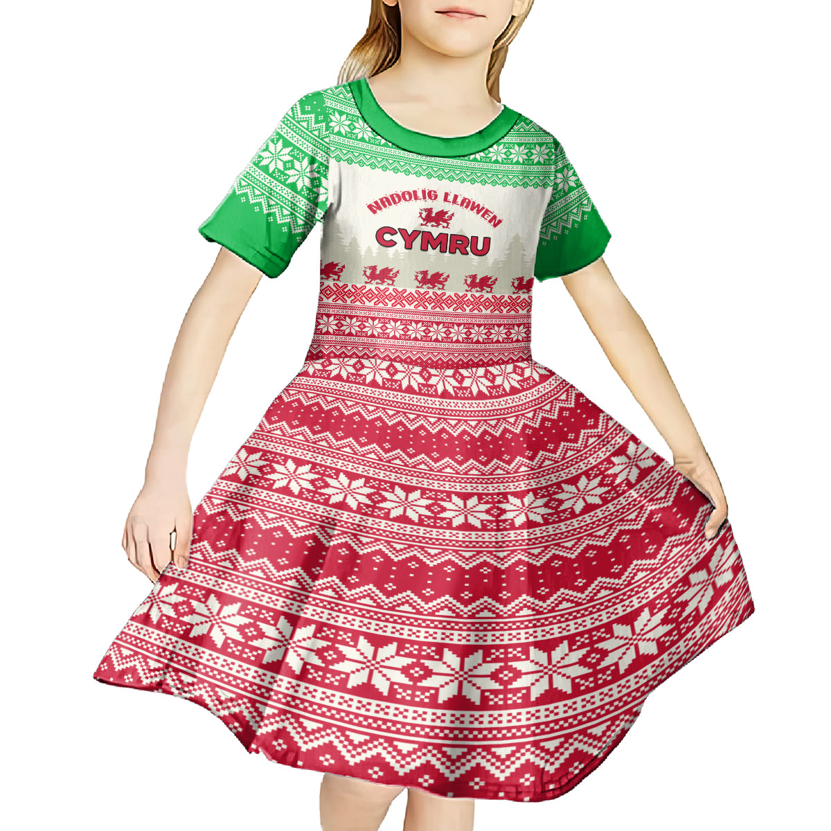 Custom Wales Christmas Kid Short Sleeve Dress Nadolig Llawen Welsh Dragon - Wonder Print Shop