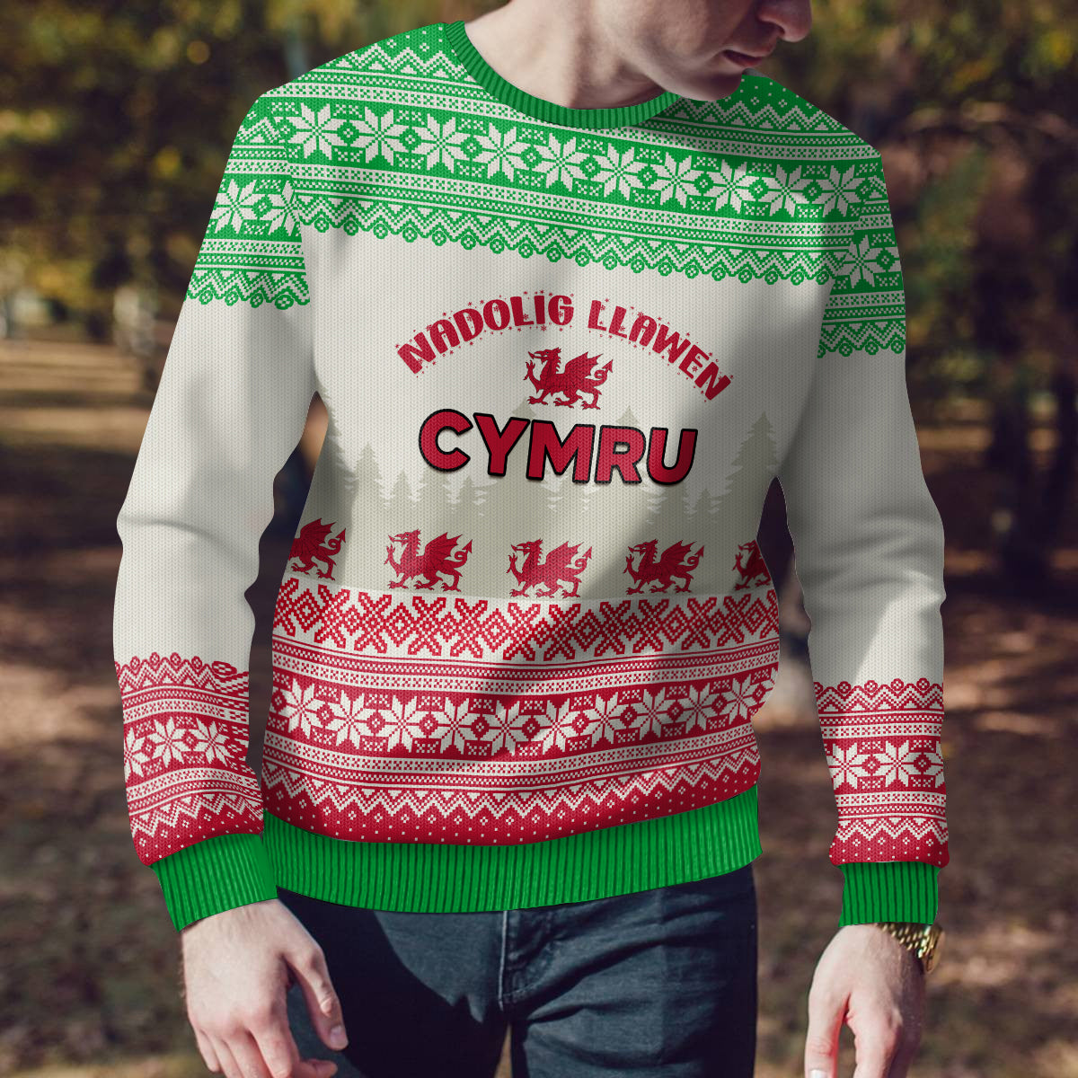 Custom Wales Christmas Ugly Christmas Sweater Nadolig Llawen Welsh Dragon - Wonder Print Shop
