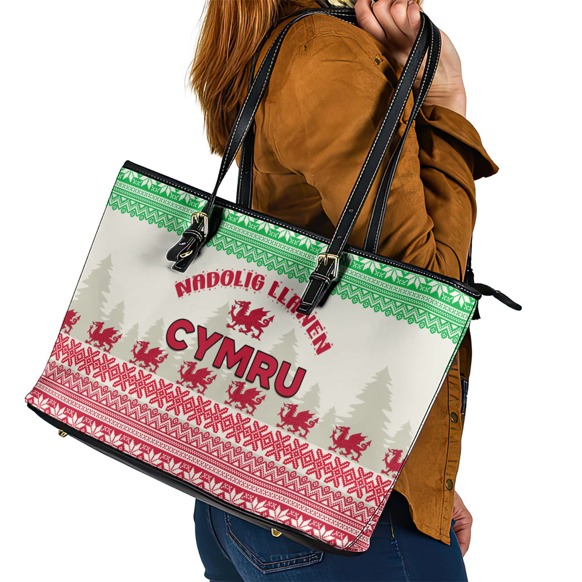 Custom Wales Christmas Leather Tote Bag Nadolig Llawen Welsh Dragon - Wonder Print Shop