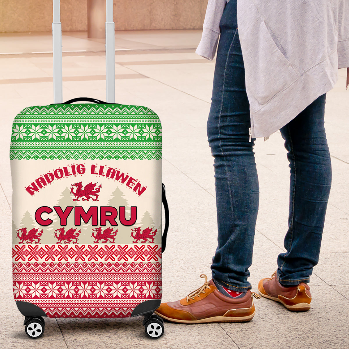 Custom Wales Christmas Luggage Cover Nadolig Llawen Welsh Dragon - Wonder Print Shop