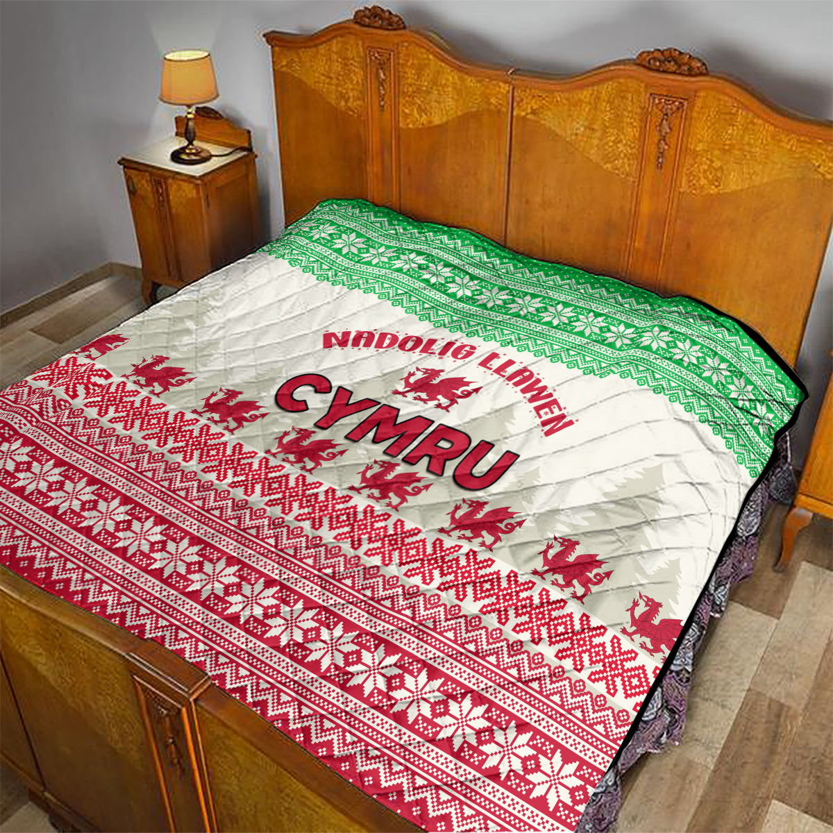Custom Wales Christmas Quilt Nadolig Llawen Welsh Dragon - Wonder Print Shop