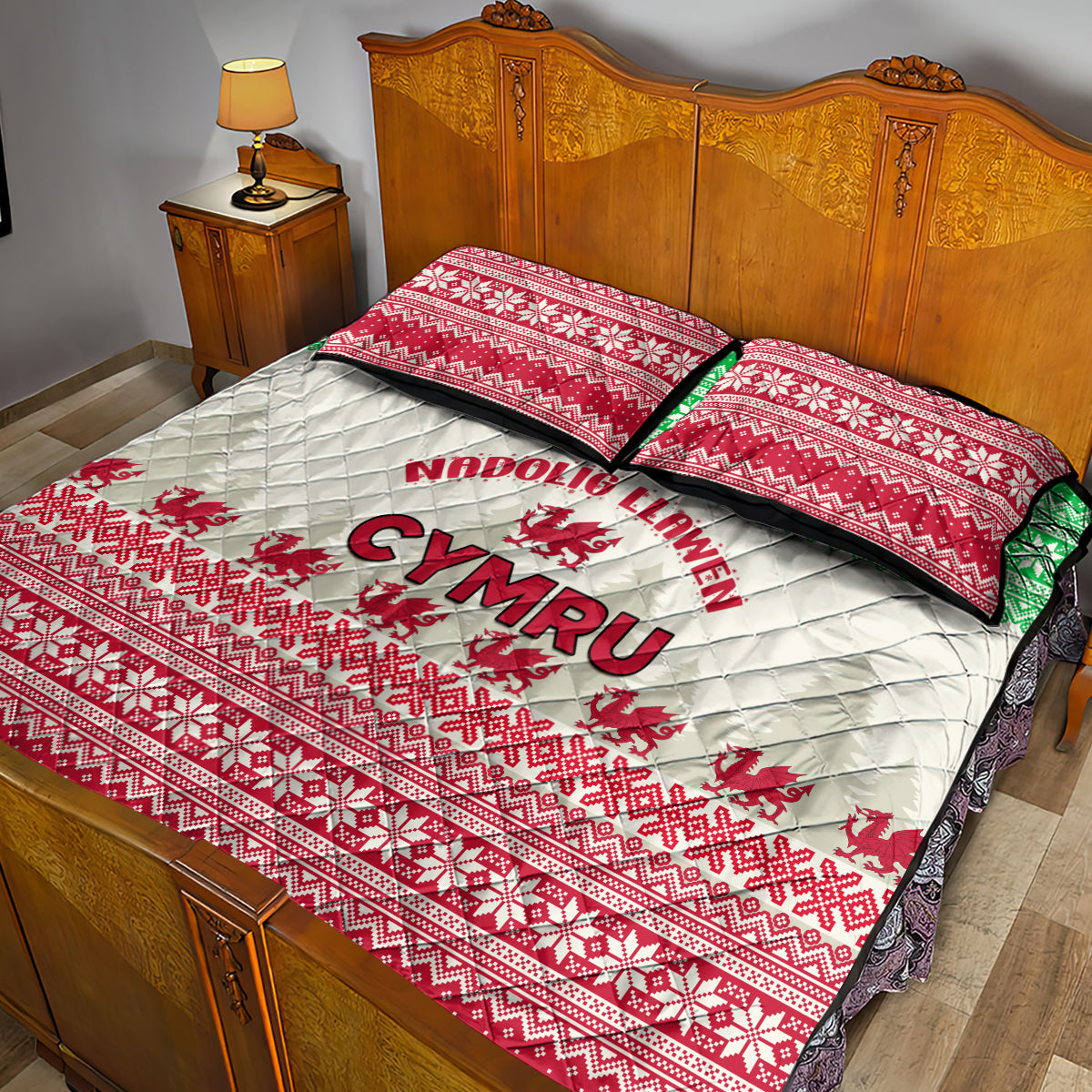 Custom Wales Christmas Quilt Bed Set Nadolig Llawen Welsh Dragon - Wonder Print Shop