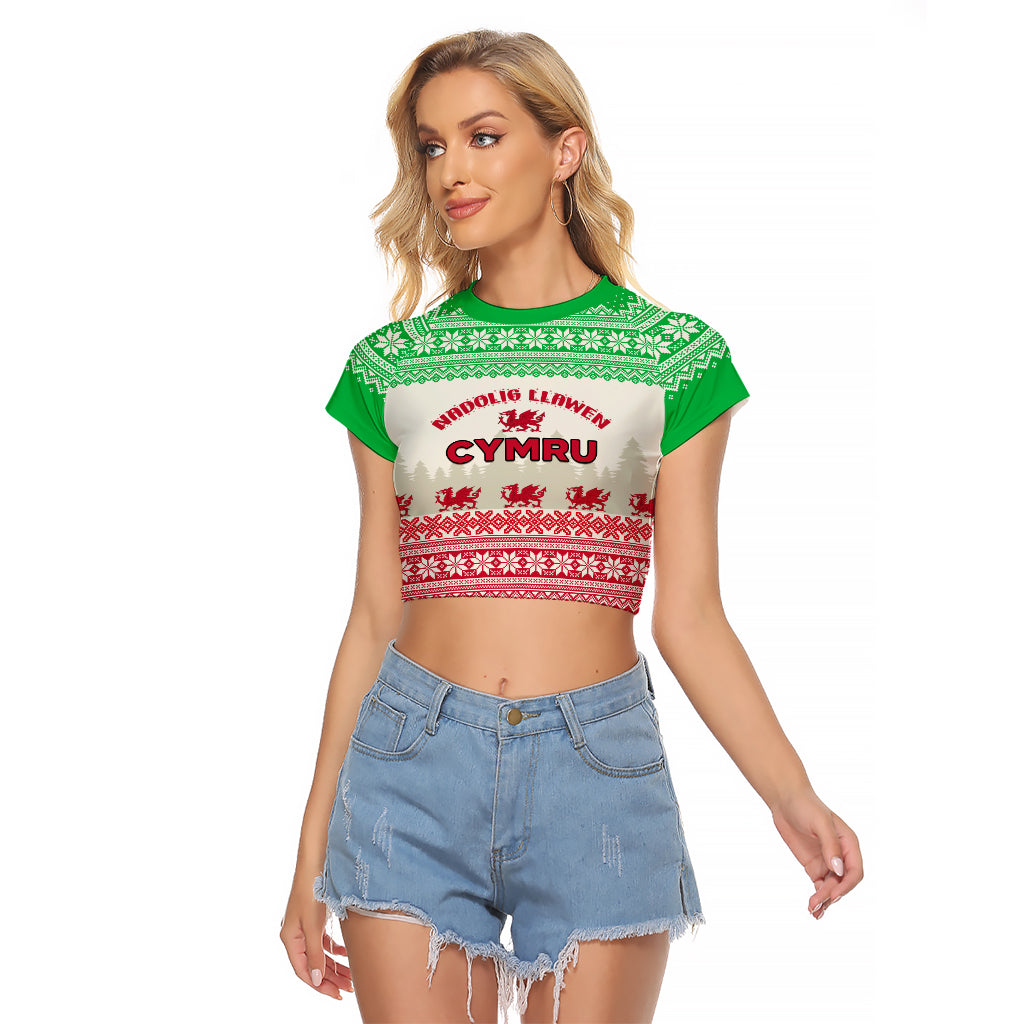 Custom Wales Christmas Raglan Cropped T Shirt Nadolig Llawen Welsh Dragon - Wonder Print Shop