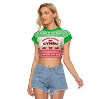 Custom Wales Christmas Raglan Cropped T Shirt Nadolig Llawen Welsh Dragon - Wonder Print Shop