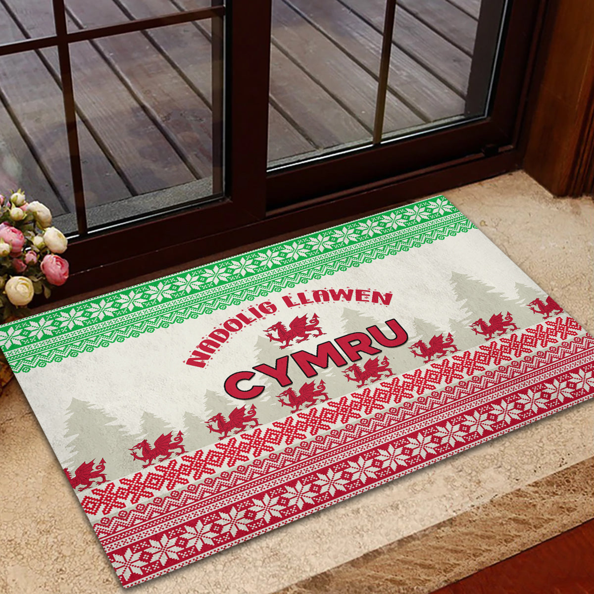 Custom Wales Christmas Rubber Doormat Nadolig Llawen Welsh Dragon - Wonder Print Shop