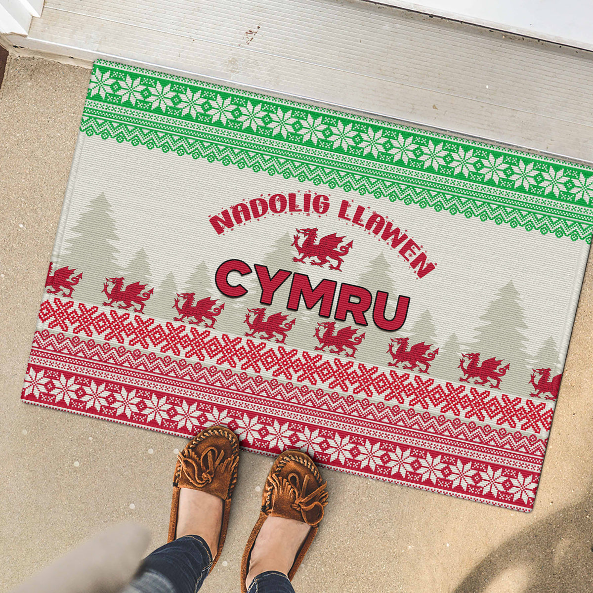 Custom Wales Christmas Rubber Doormat Nadolig Llawen Welsh Dragon - Wonder Print Shop