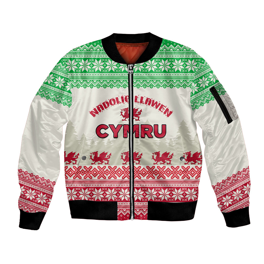 Custom Wales Christmas Sleeve Zip Bomber Jacket Nadolig Llawen Welsh Dragon - Wonder Print Shop