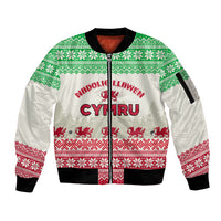 Custom Wales Christmas Sleeve Zip Bomber Jacket Nadolig Llawen Welsh Dragon - Wonder Print Shop