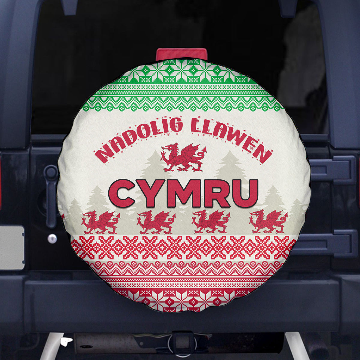 Custom Wales Christmas Spare Tire Cover Nadolig Llawen Welsh Dragon - Wonder Print Shop
