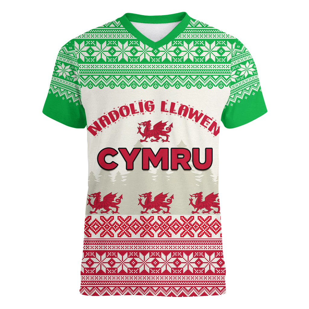 Custom Wales Christmas Women V Neck T Shirt Nadolig Llawen Welsh Dragon - Wonder Print Shop