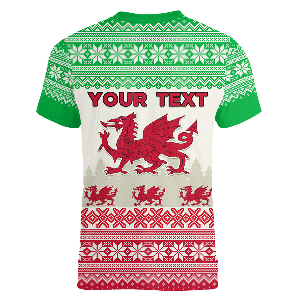 Custom Wales Christmas Women V Neck T Shirt Nadolig Llawen Welsh Dragon - Wonder Print Shop