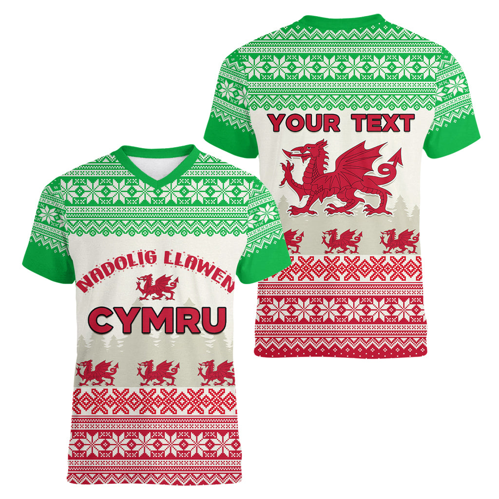 Custom Wales Christmas Women V Neck T Shirt Nadolig Llawen Welsh Dragon - Wonder Print Shop