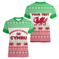Custom Wales Christmas Women V Neck T Shirt Nadolig Llawen Welsh Dragon - Wonder Print Shop
