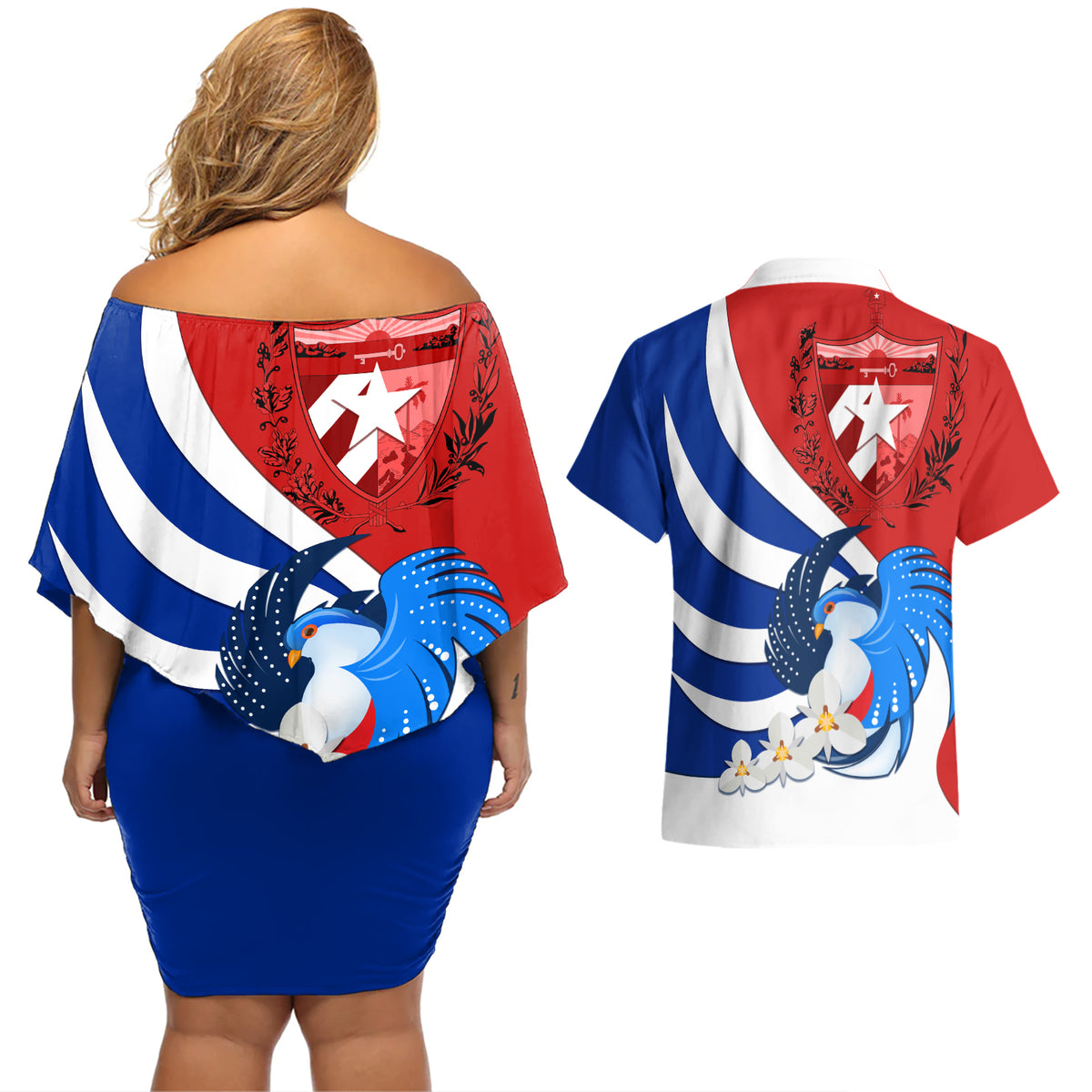 Cuba Liberation Day Couples Matching Off Shoulder Short Dress and Hawaiian Shirt Patria o Muerte Venceremos Tocororo With White Mariposa - Wonder Print Shop