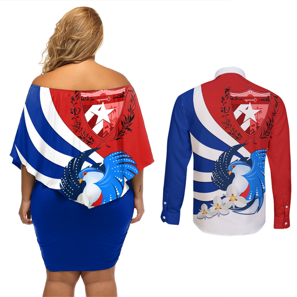 Cuba Liberation Day Couples Matching Off Shoulder Short Dress and Long Sleeve Button Shirt Patria o Muerte Venceremos Tocororo With White Mariposa - Wonder Print Shop