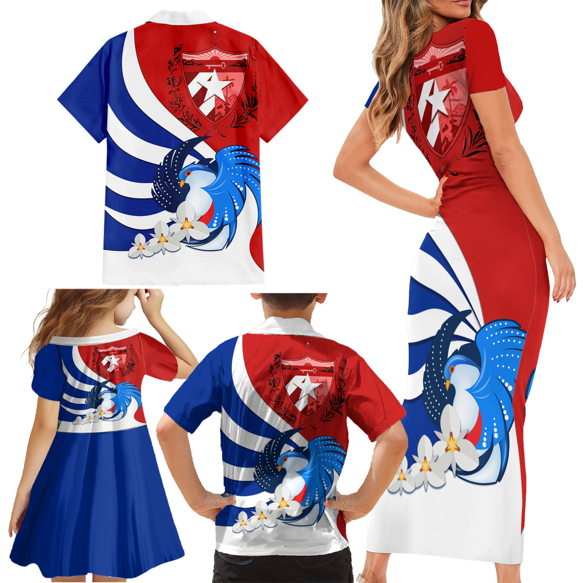 Cuba Liberation Day Family Matching Short Sleeve Bodycon Dress and Hawaiian Shirt Patria o Muerte Venceremos Tocororo With White Mariposa - Wonder Print Shop