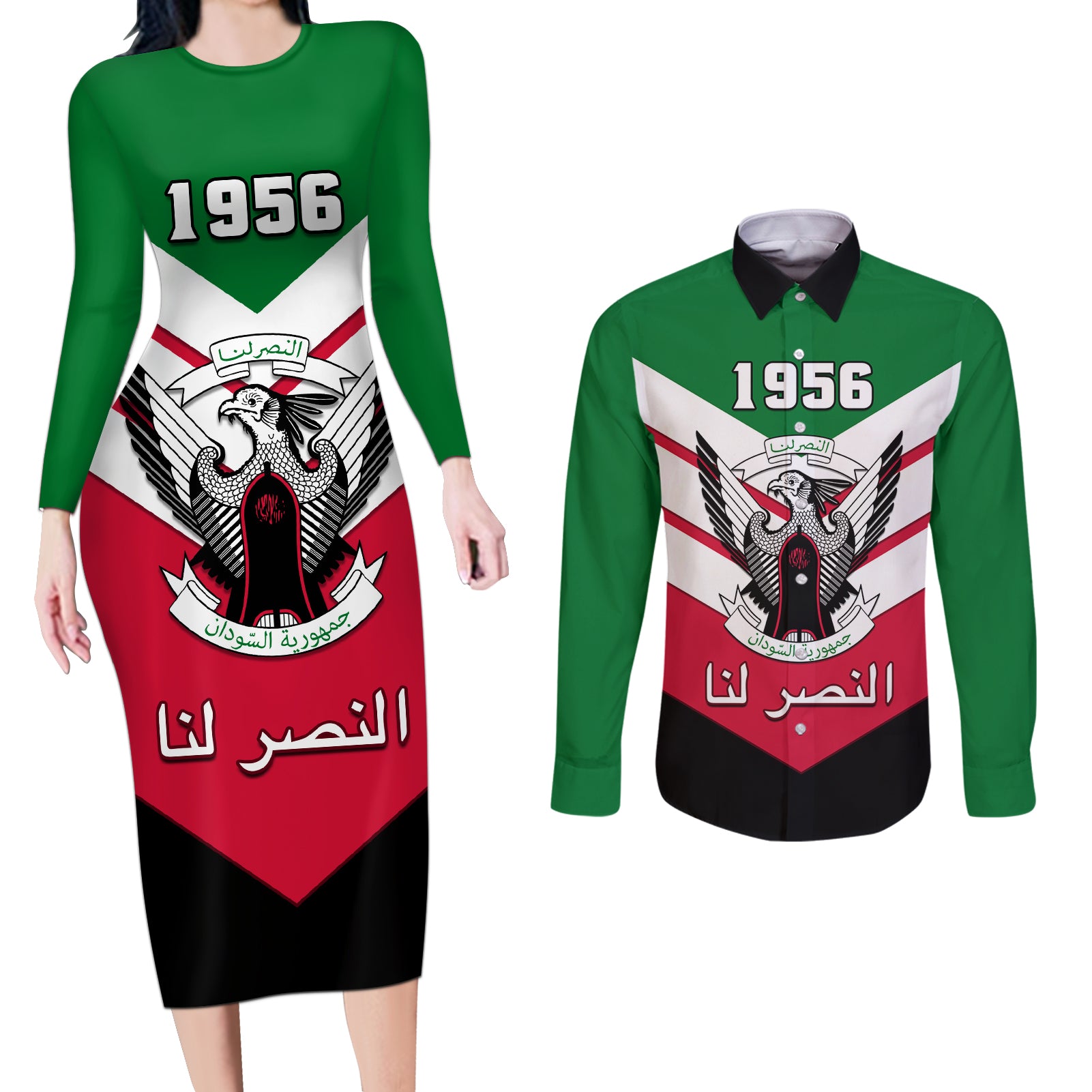sudan-independence-day-couples-matching-long-sleeve-bodycon-dress-and-long-sleeve-button-shirt-sudanese-secretary-bird