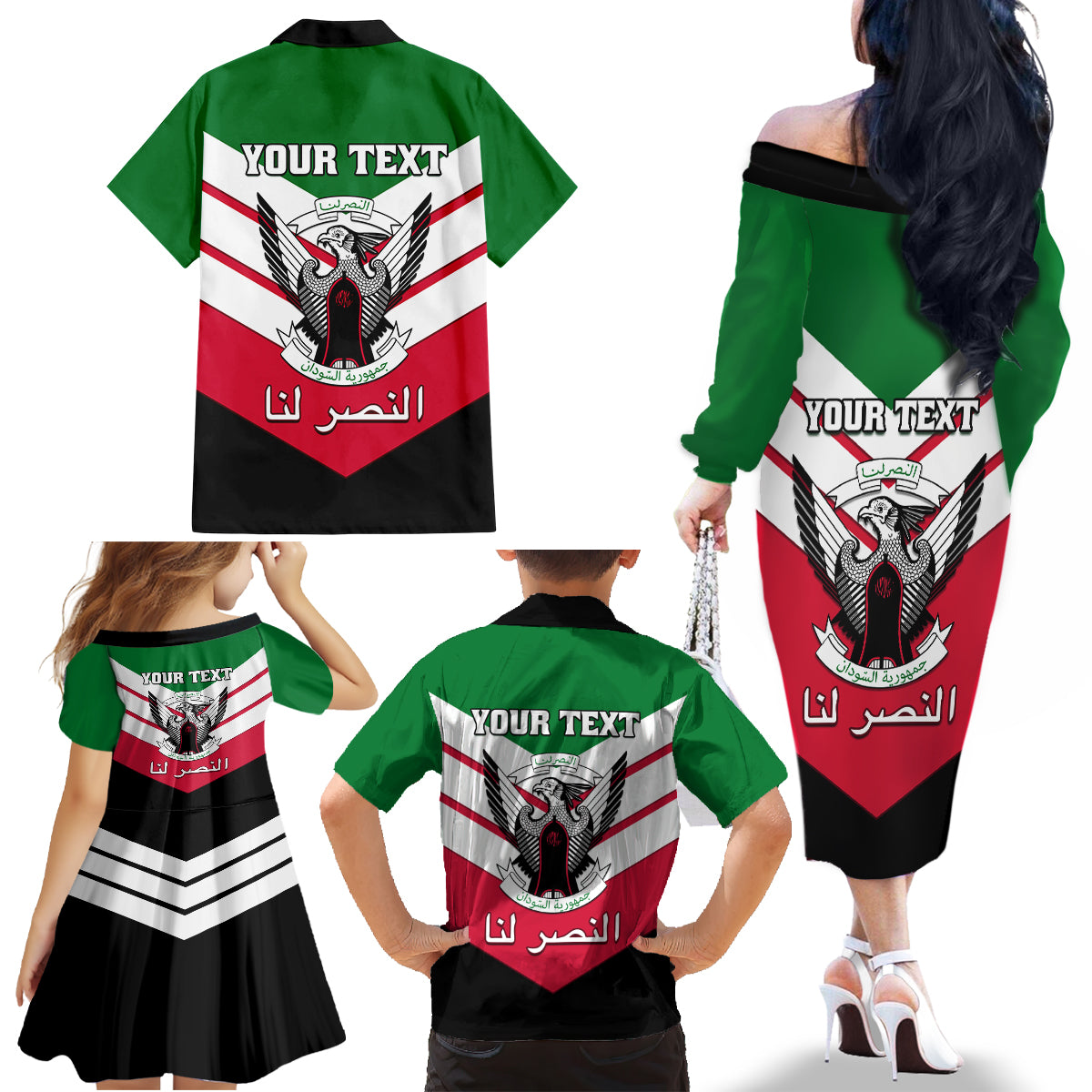 Sudan Independence Day Family Matching Off Shoulder Long Sleeve Dress and Hawaiian Shirt Sudanese Secretary Bird - Wonder Print Shop