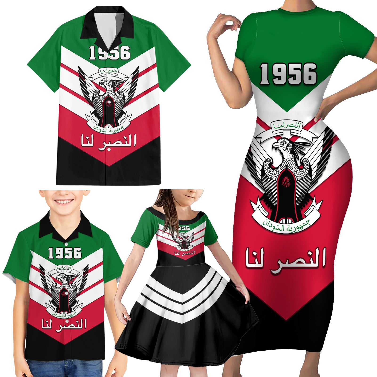 sudan-independence-day-family-matching-short-sleeve-bodycon-dress-and-hawaiian-shirt-sudanese-secretary-bird