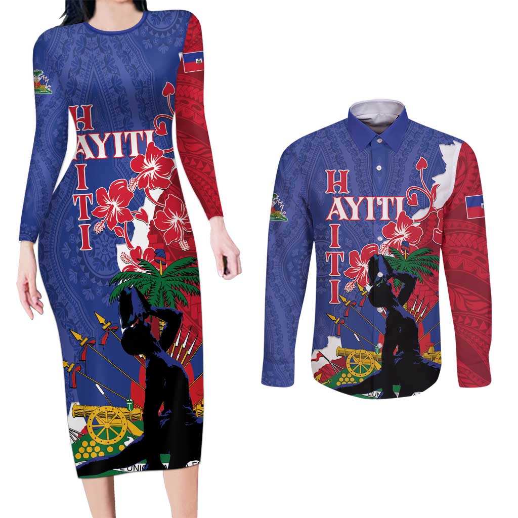 Personalised Haiti Le Marron Inconnu Couples Matching Long Sleeve Bodycon Dress and Long Sleeve Button Shirt Dashiki Mix Polynesian Pattern - Wonder Print Shop