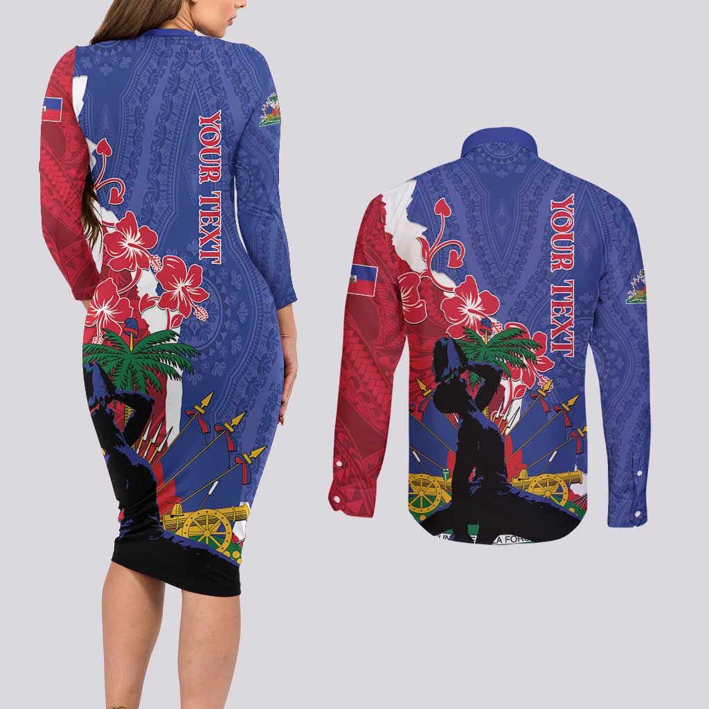 Personalised Haiti Le Marron Inconnu Couples Matching Long Sleeve Bodycon Dress and Long Sleeve Button Shirt Dashiki Mix Polynesian Pattern - Wonder Print Shop