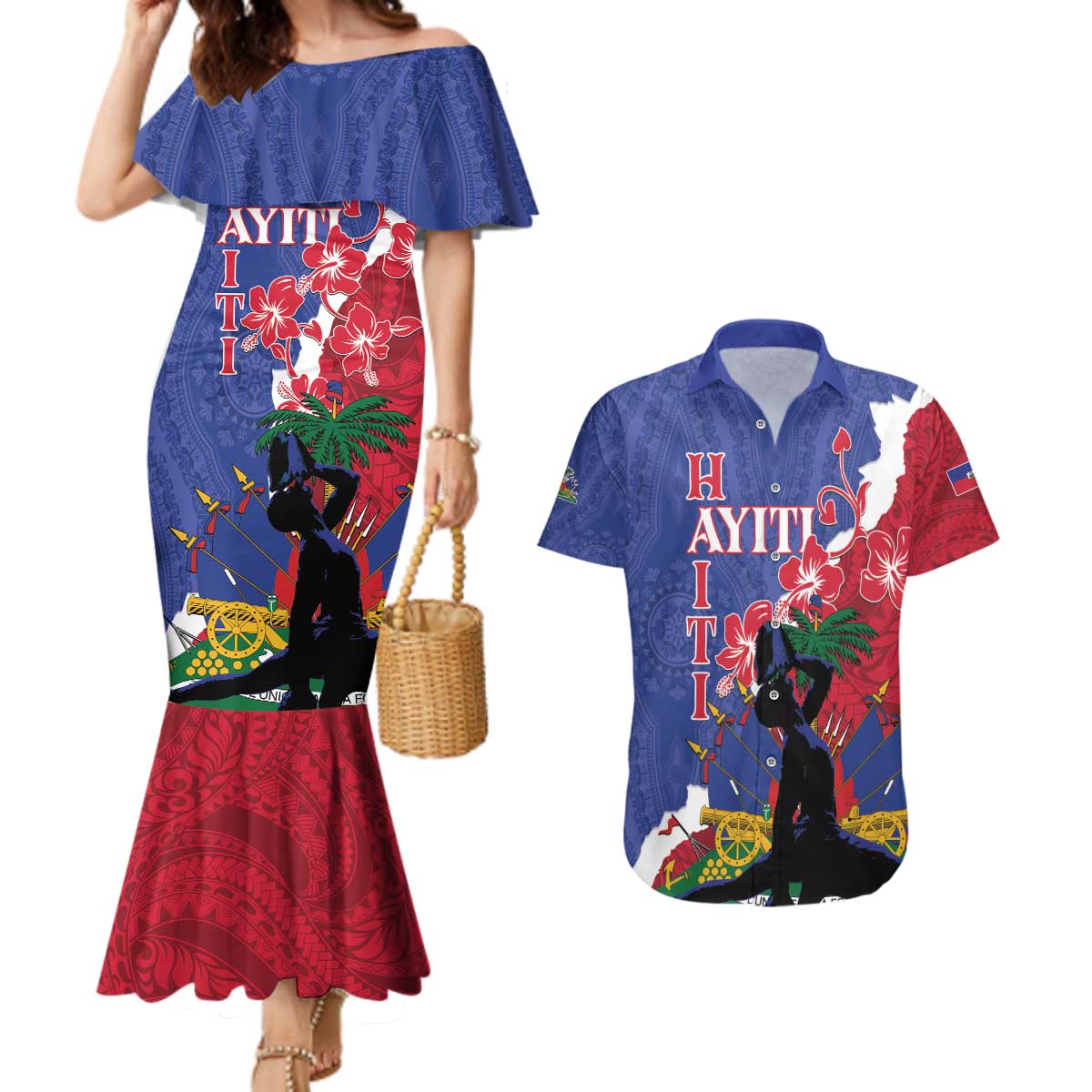 Personalised Haiti Le Marron Inconnu Couples Matching Mermaid Dress and Hawaiian Shirt Dashiki Mix Polynesian Pattern - Wonder Print Shop