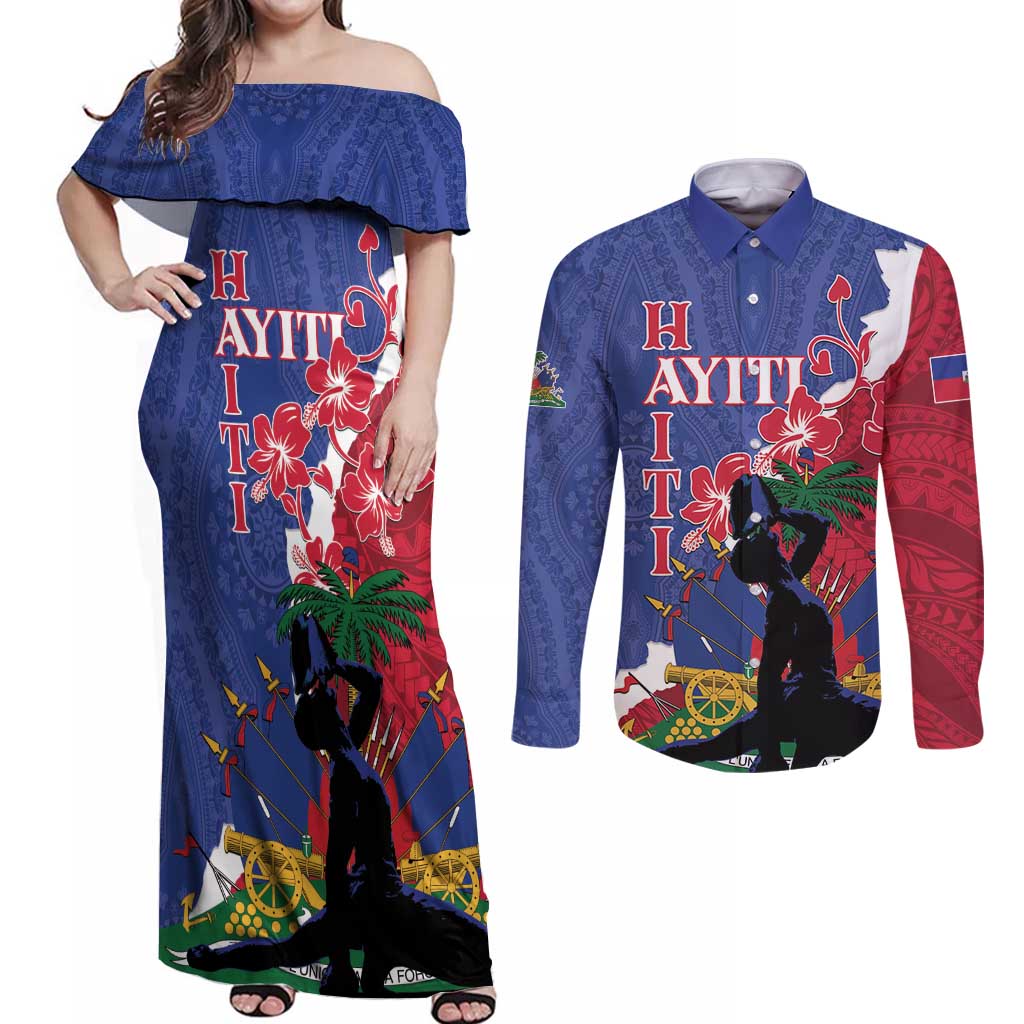 Personalised Haiti Le Marron Inconnu Couples Matching Off Shoulder Maxi Dress and Long Sleeve Button Shirt Dashiki Mix Polynesian Pattern - Wonder Print Shop