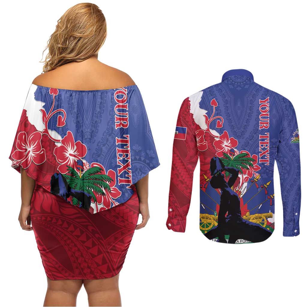Personalised Haiti Le Marron Inconnu Couples Matching Off Shoulder Short Dress and Long Sleeve Button Shirt Dashiki Mix Polynesian Pattern - Wonder Print Shop