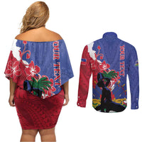 Personalised Haiti Le Marron Inconnu Couples Matching Off Shoulder Short Dress and Long Sleeve Button Shirt Dashiki Mix Polynesian Pattern - Wonder Print Shop