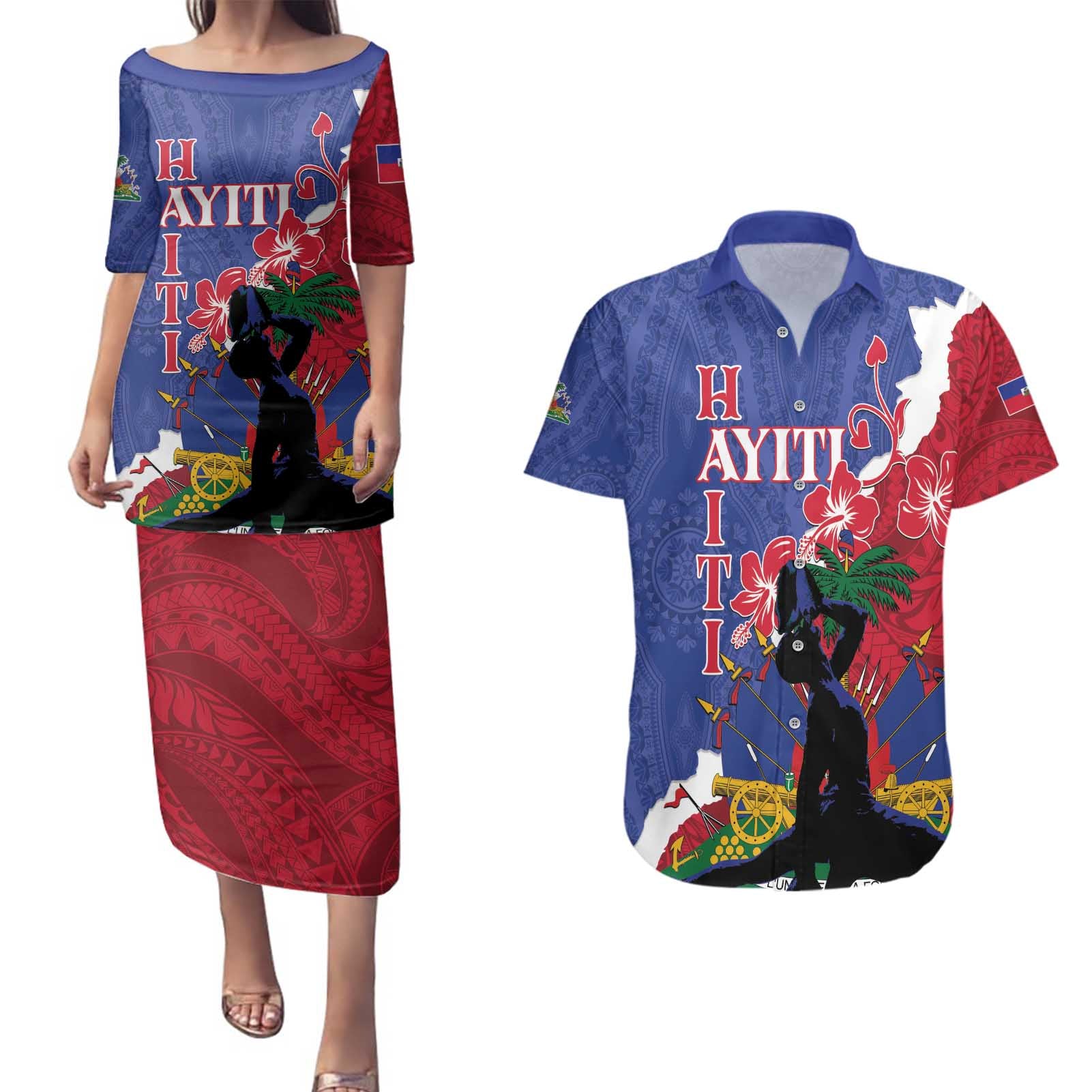Personalised Haiti Le Marron Inconnu Couples Matching Puletasi and Hawaiian Shirt Dashiki Mix Polynesian Pattern - Wonder Print Shop