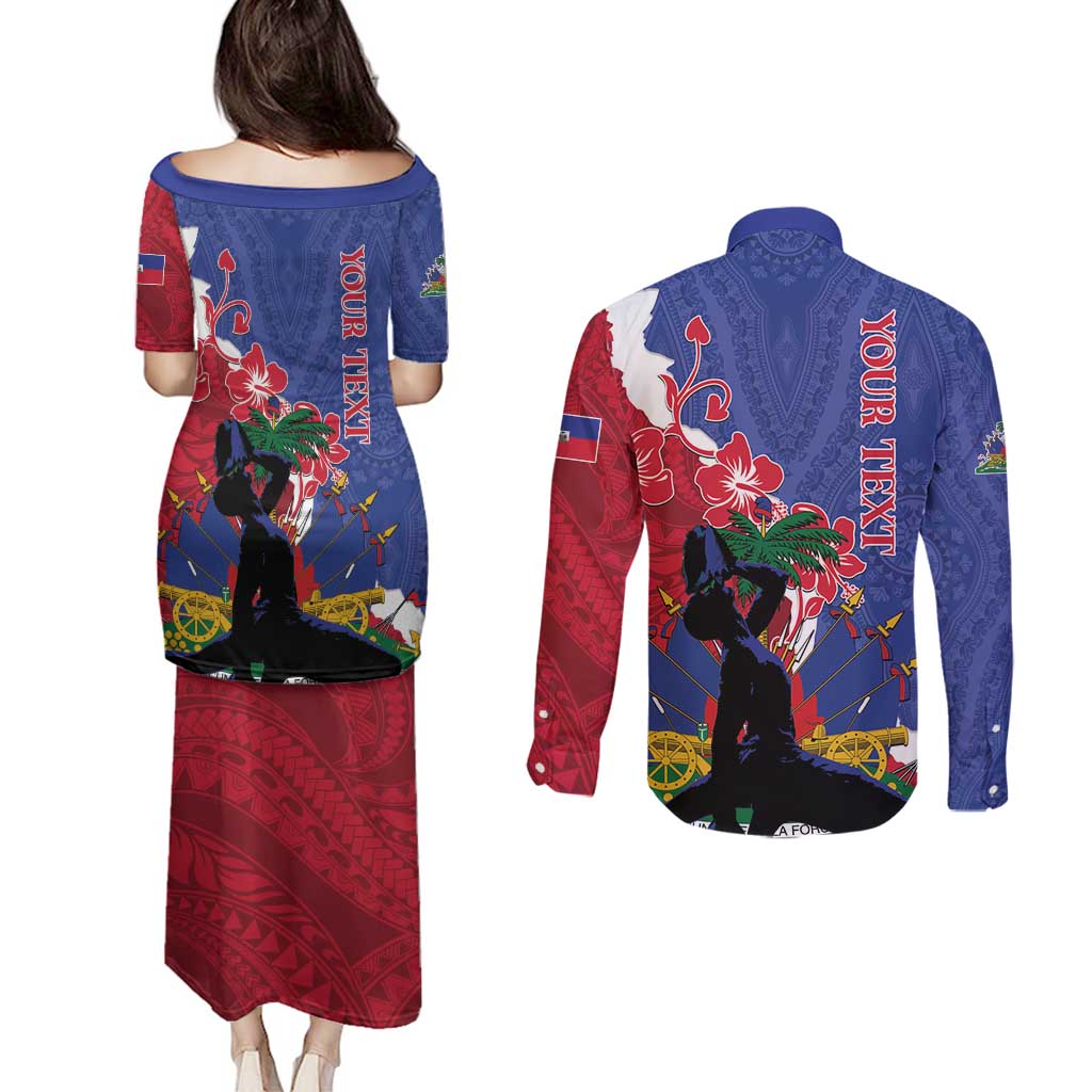 Personalised Haiti Le Marron Inconnu Couples Matching Puletasi and Long Sleeve Button Shirt Dashiki Mix Polynesian Pattern - Wonder Print Shop