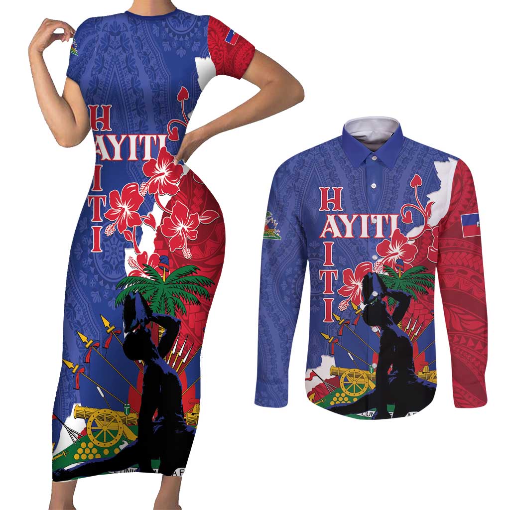 Personalised Haiti Le Marron Inconnu Couples Matching Short Sleeve Bodycon Dress and Long Sleeve Button Shirt Dashiki Mix Polynesian Pattern - Wonder Print Shop