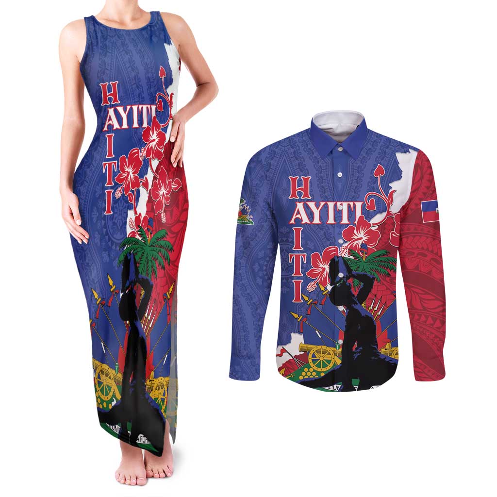 Personalised Haiti Le Marron Inconnu Couples Matching Tank Maxi Dress and Long Sleeve Button Shirt Dashiki Mix Polynesian Pattern - Wonder Print Shop