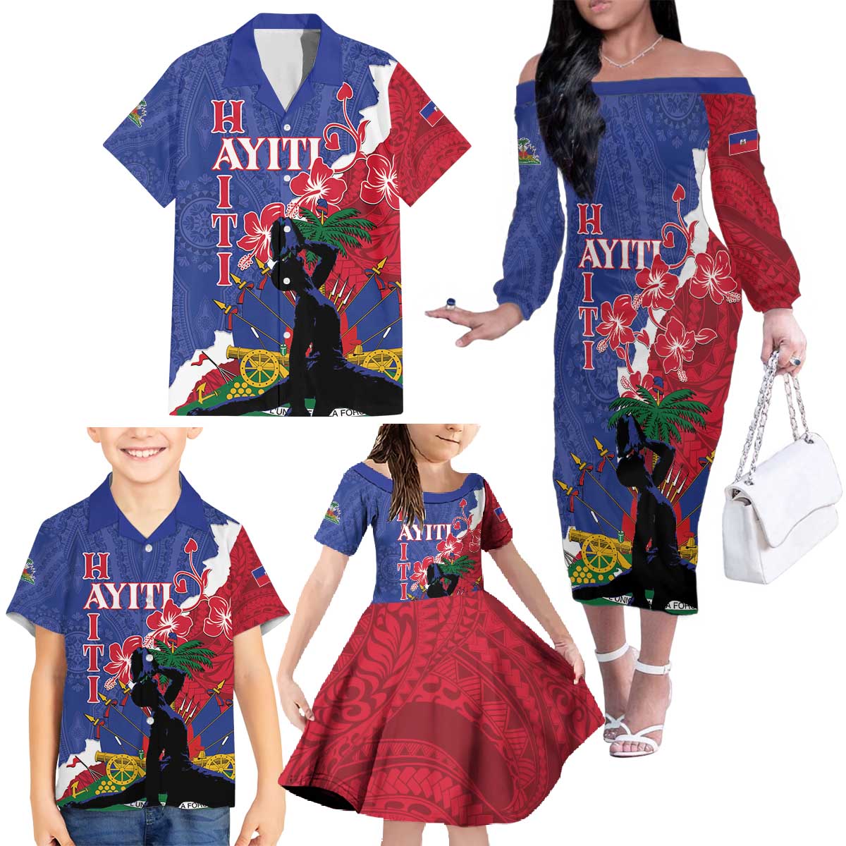 Personalised Haiti Le Marron Inconnu Family Matching Off The Shoulder Long Sleeve Dress and Hawaiian Shirt Dashiki Mix Polynesian Pattern - Wonder Print Shop